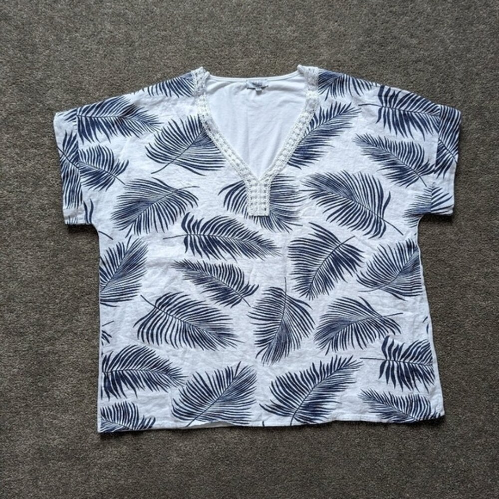 Modai linen cotton tropical leaf pattern crochet V-neck Tshirt blouse women's 3X